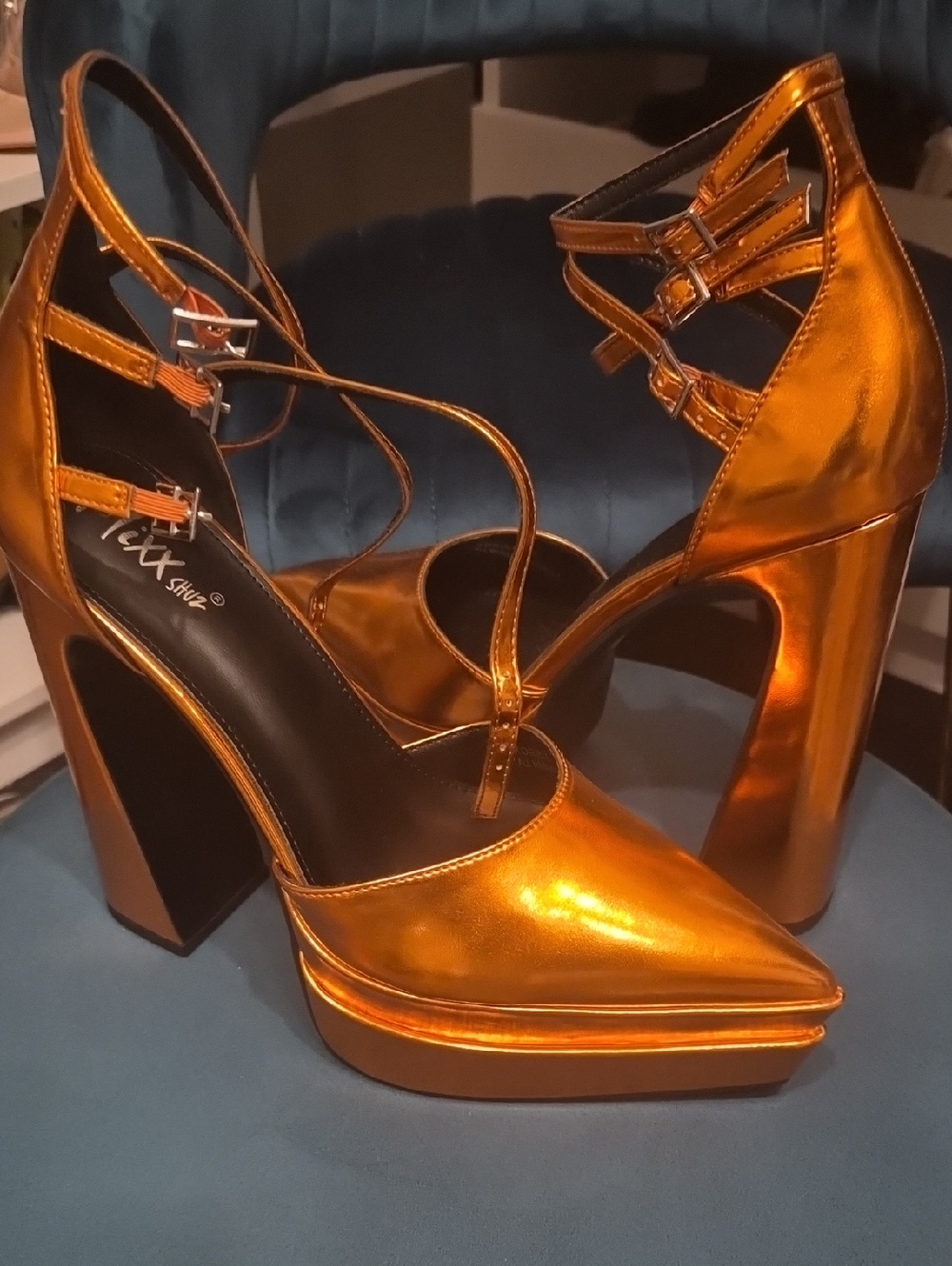 Mixx Shuz Metallic Copper-Orange Platform Pumps with Multi-Strap Ankle